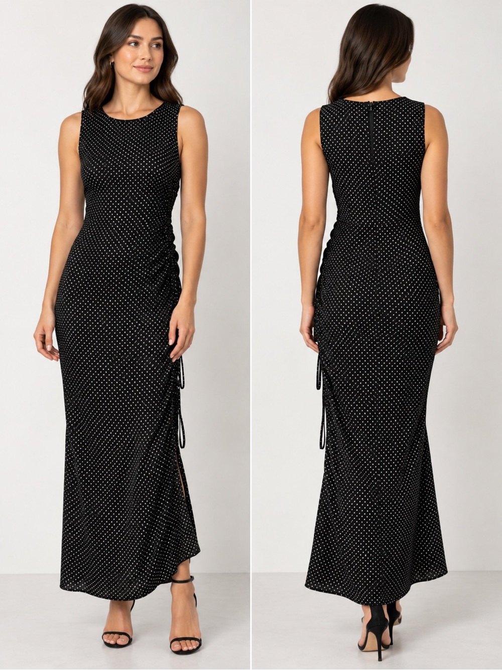 NWT MANGO Black White Polka Dot Ruched Maxi Dress Size L